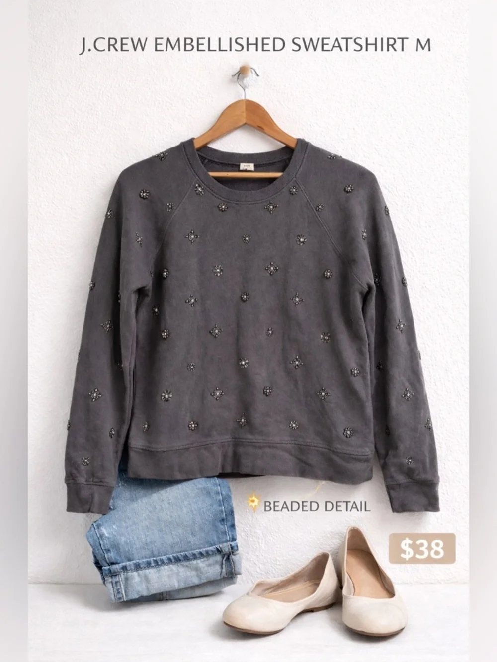 J.Crew Gray Embellished Sweatshirt Size Medium Beaded Crewneck